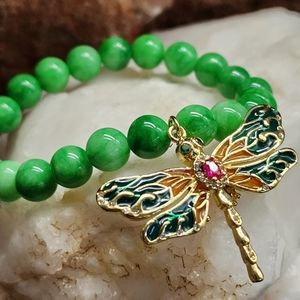 Natural Green Jade Bracelet Gold Pendant Dragonfly 18K Gold Plated